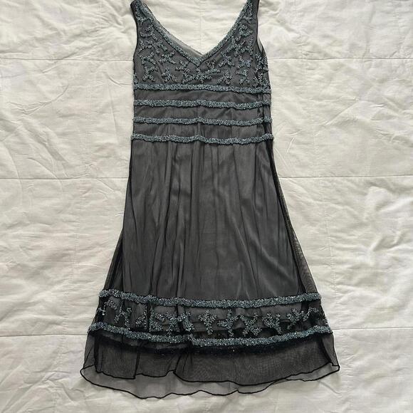 Vintage baby blue black mesh overlay beaded dress great Gatsby glam size 6 - Picture 4 of 8